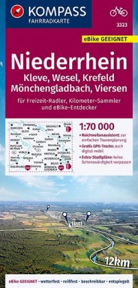 KOMPASS Fahrradkarte Niederrhein, Kleve, Wesel, Krefeld, Mönchengladbach, Viersen 1:70.000, FK 3323